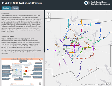 Screenshot of map of DFW area followed with a Mobility 2045 fact sheet.