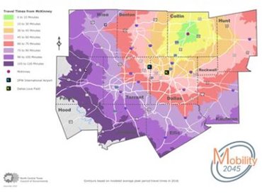 This is a preview of a travel time contour map of a county in the metroplex used to provide graphic interpretation of how long it would take a vehicle to travel across the region in peak congestion.