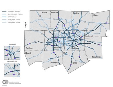 Preview of map document displaying the National Highway System in North Central Texas with most highways intersecting in Tarrant and Dallas counties.