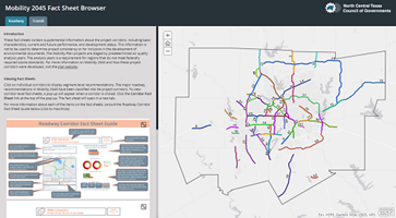 Preview of map outlining small fact sheets about Mobility 2045 in the metroplex