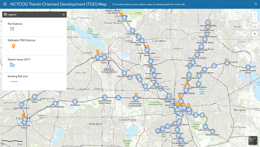 This is an interactive map highlighting the rail stations, walkable TOD Districts, and station areas 2017 in the DFW area. For more information please call Travis Liska at 817-704-2512.