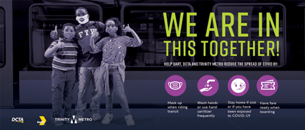 We are in this together campaign ad for safe transit showing three kids thumbs up wearing masks