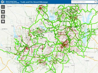 Map thumbnail of trails, off-street bikewaysand on-street bikeways in North Central Texas.