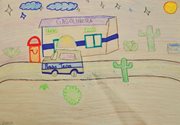 Child's drawing of a car at a store in Texas surrounded by tall cacti.