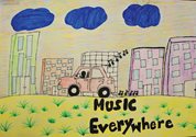 Child's drawing of a car in a city with the text "Music Everywhere"