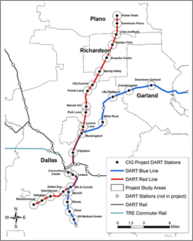 Map of DART's Red and Blue transit lines