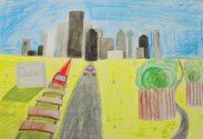 Laila Zoubi, 6th grade drawing of Dallas, Texas from a park