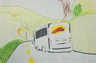 Child's drawing of bus driving on highway.