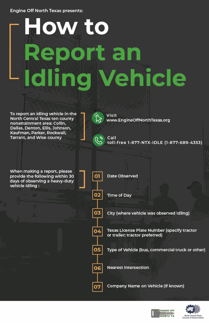 This is an infographic of how to report an idling vehicle. Visit engineoffnorthtexas.org for more information.