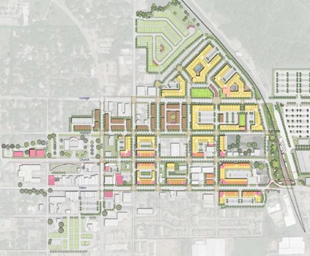Map of the College Street project in Lewisville showing plans to expand sidewalks, bicycle lanes and on-street parking.