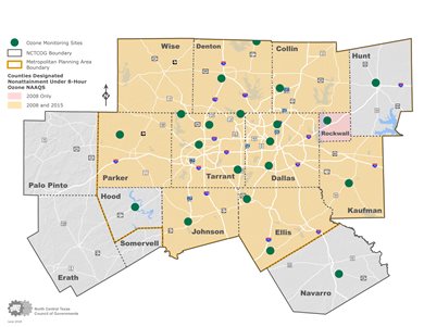 Small map thumbnail of 8-Hour Ozone NAAQS Nonattainment Areas from 2008-2015 displaying ozone monitoring sites scattered around the entire metroplex, as well as Metropolitan planning area boundaries.
