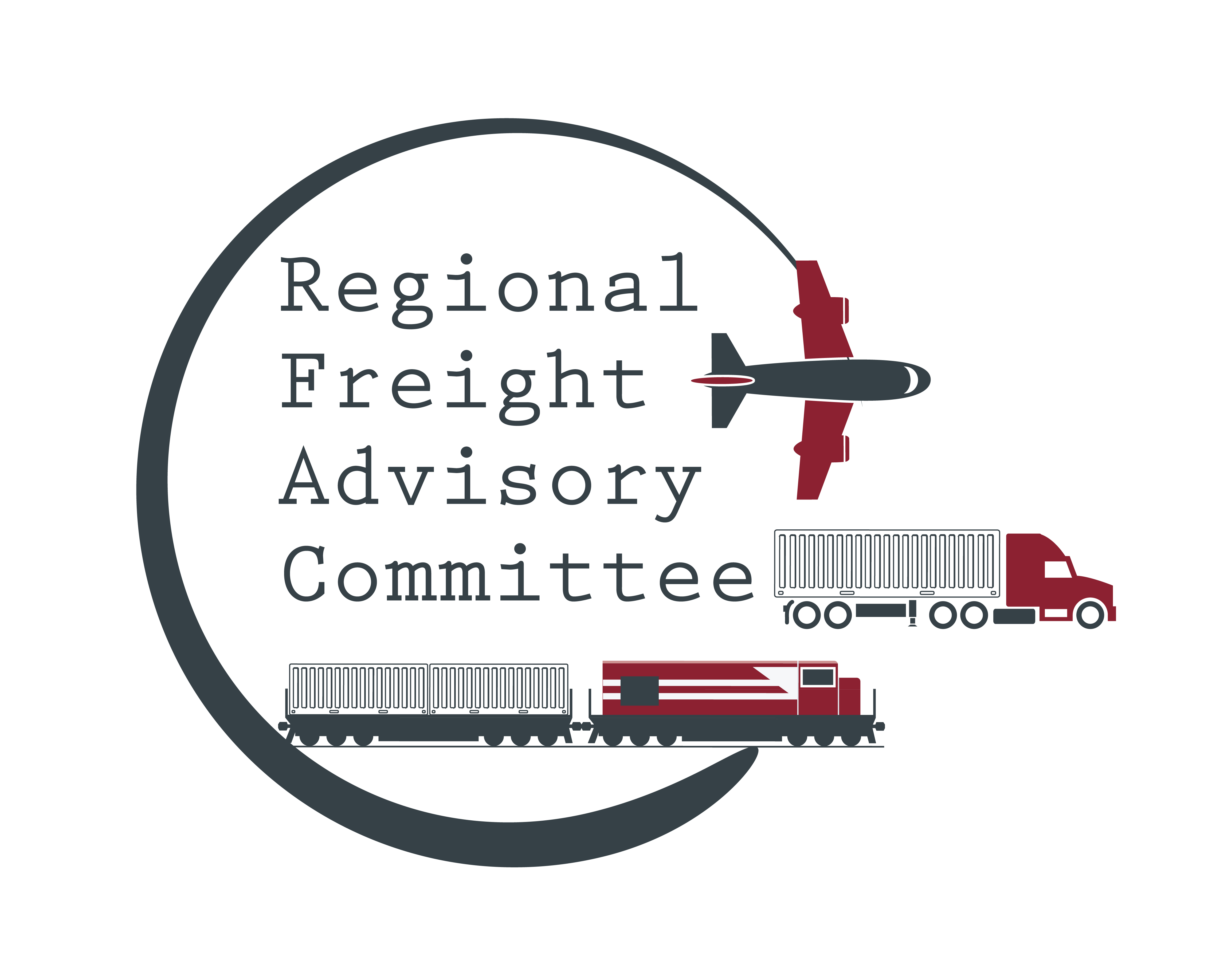 Logo of the Regional Freight Advisory Committee with a plane, semi, and train.