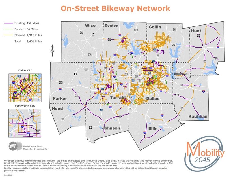 This map shows the On-Street Bikeway network of existing, funded and planned lanes for bicyclists