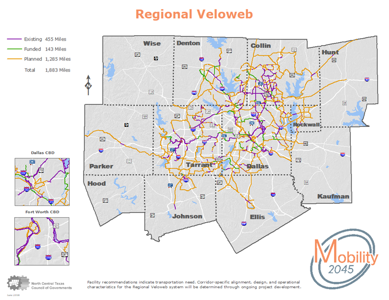 A map of the Regional Veloweb with existing, funded and planned miles for bicyclists, pedestrians, and other non-motorized forms of transportation.
