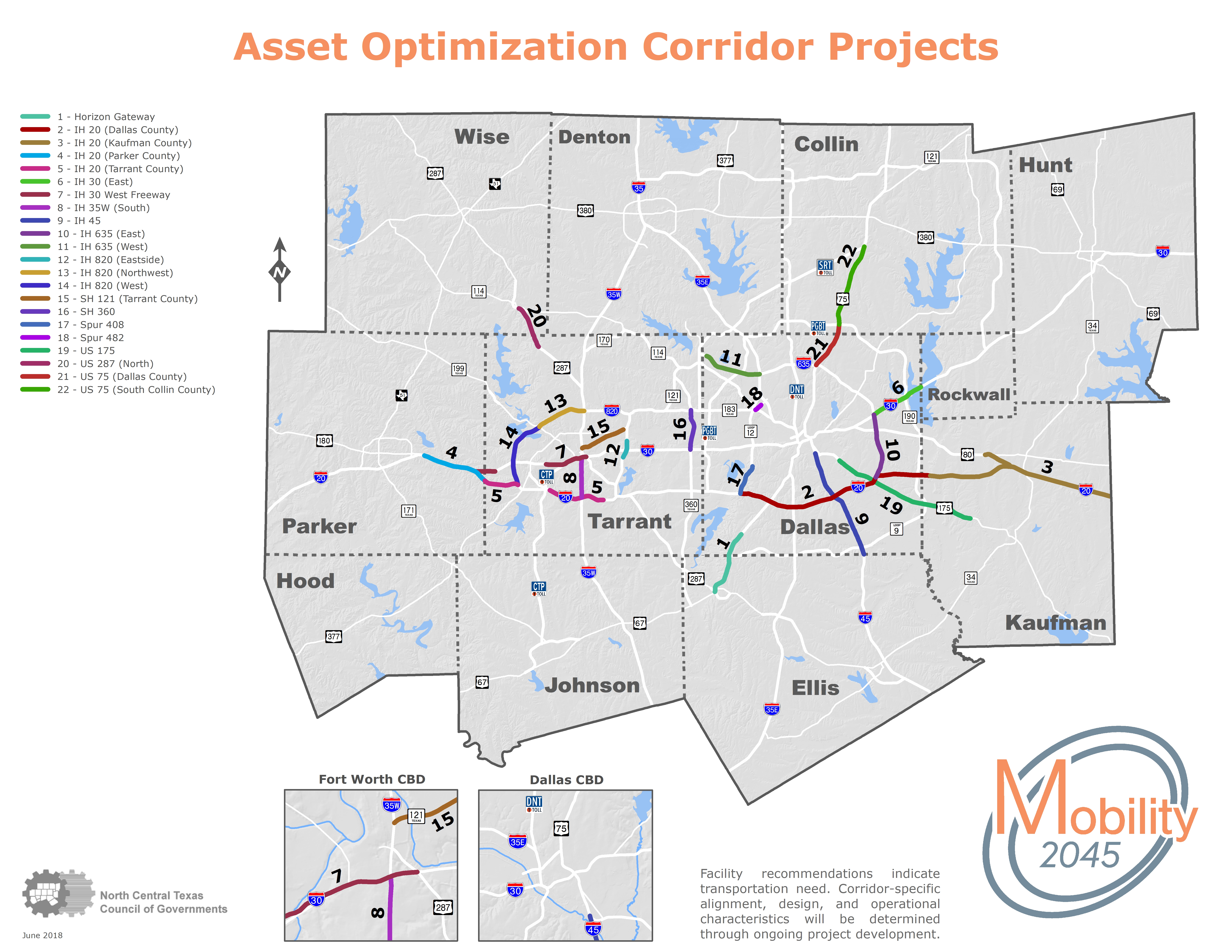 This map shows the asset optimization corridor projects and includes a table of content with the roads that will be affected by Mobility 2045