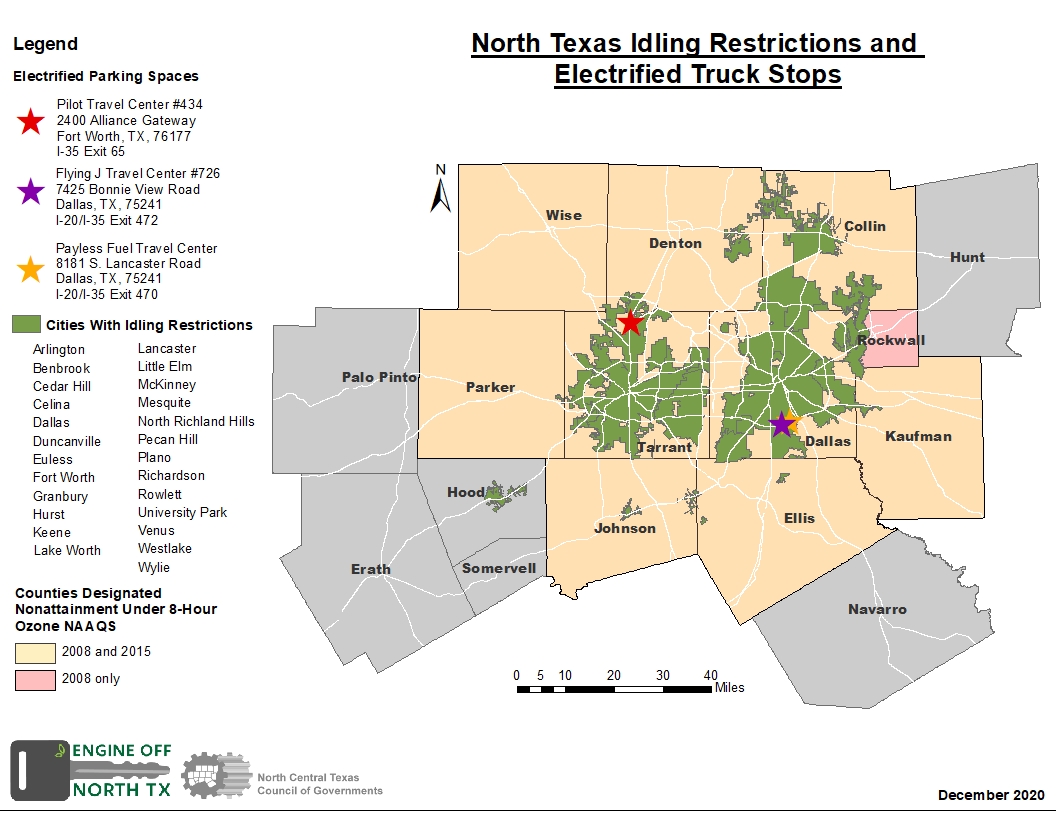 Map thumbnail of North Texas Idling Restrictions and Electrified Truck Stops outlining the cities with idling restrictions majority being in Tarrant, Dallas, Rockwall, and Collin counties.