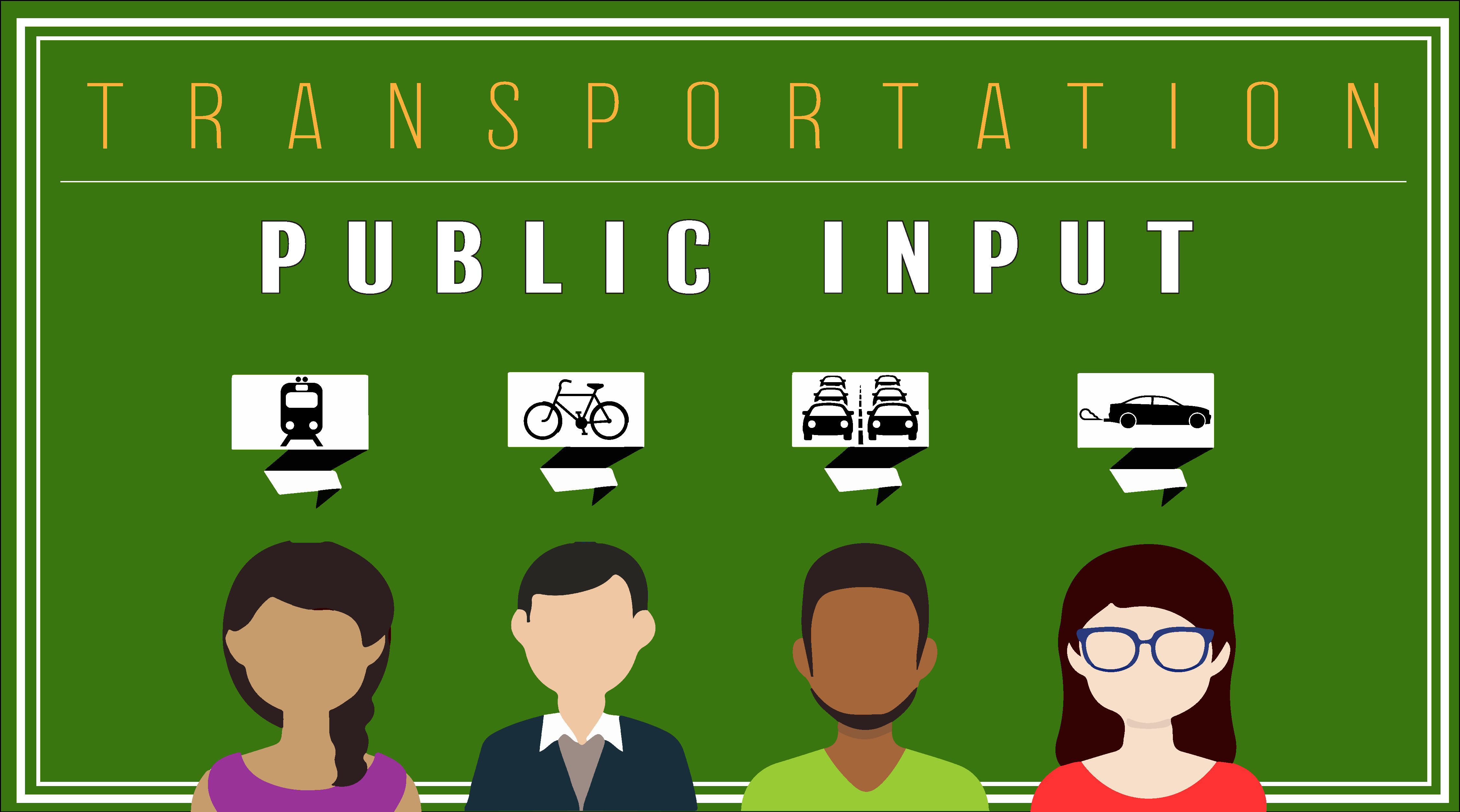 A transportation and public input logo with four links to transit planning, bicycle/ pedistrian mode of travel, metropolitan transportation plan and air quality
